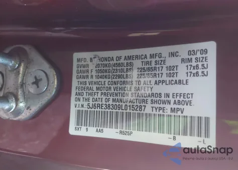 2009 Honda Cr-V Lx from USA, damaged, VIN 5J6RE38309L015287